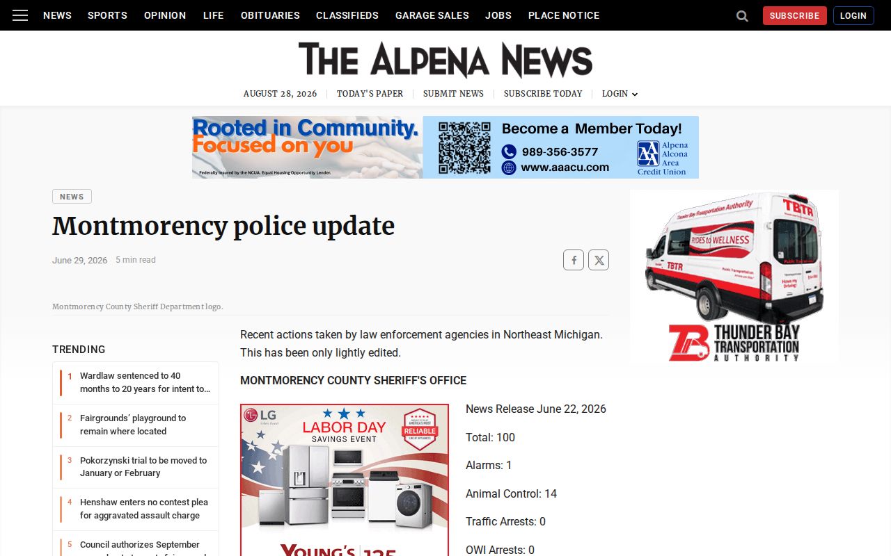 Alpena News weekly Montmorency police update based on a sheriff release