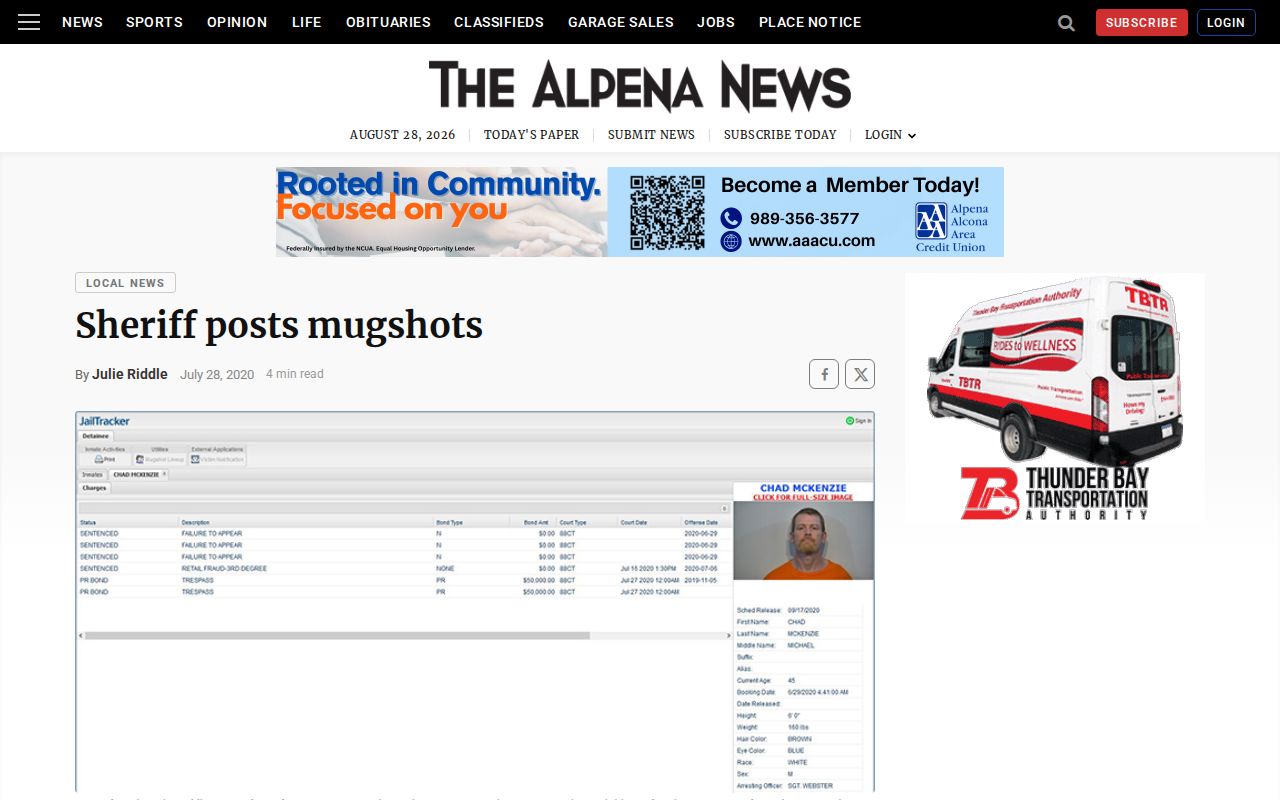 Alpena News report on booking photos and inmate-system posting
