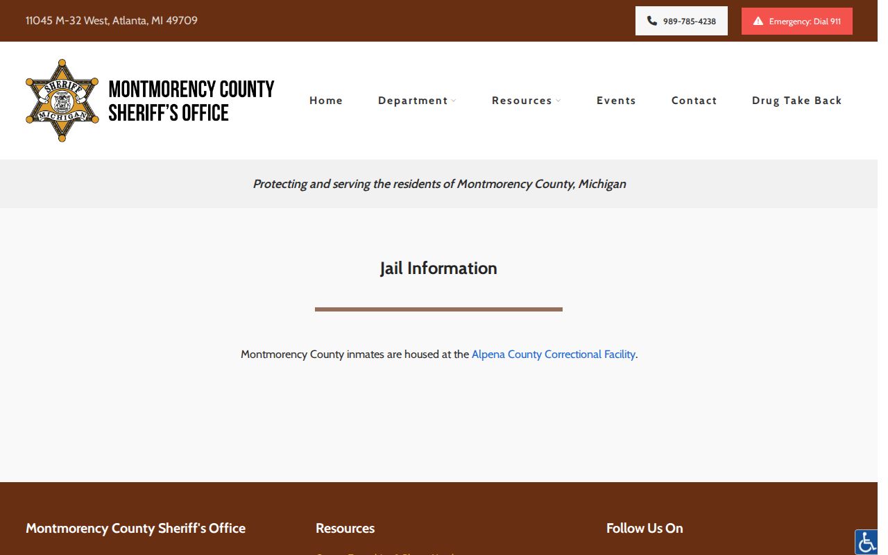 Montmorency Sheriff jail page explaining where county inmates are housed