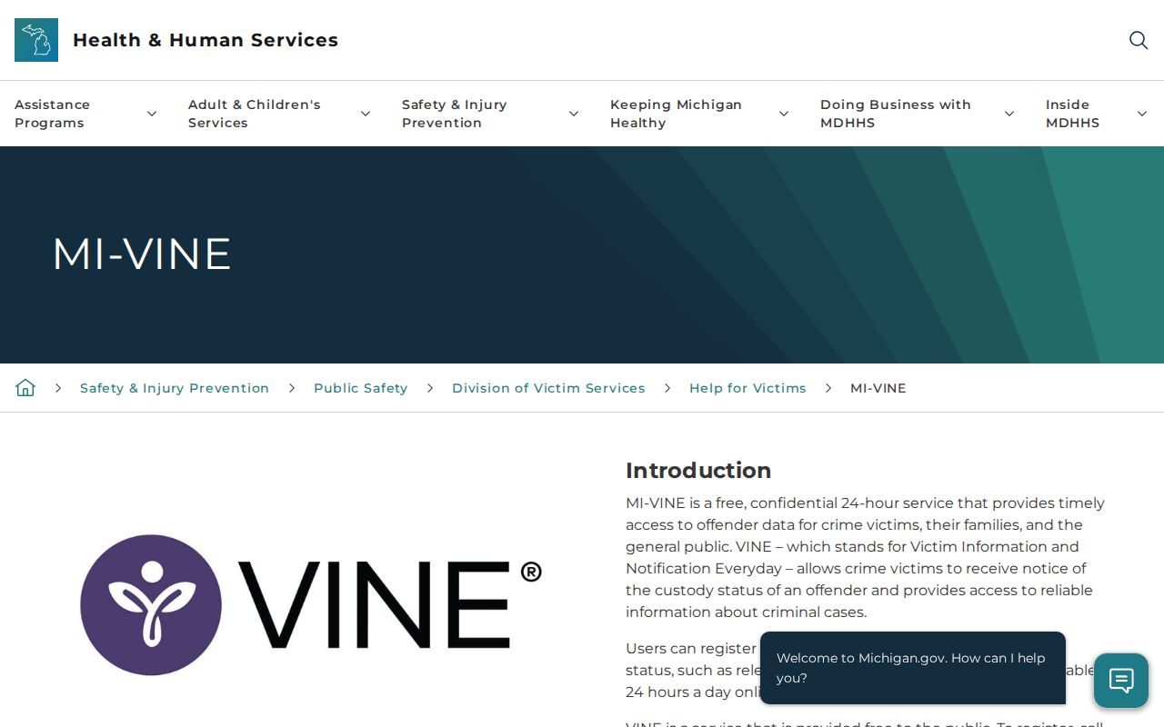 Michigan government MI-VINE information page explaining custody notifications